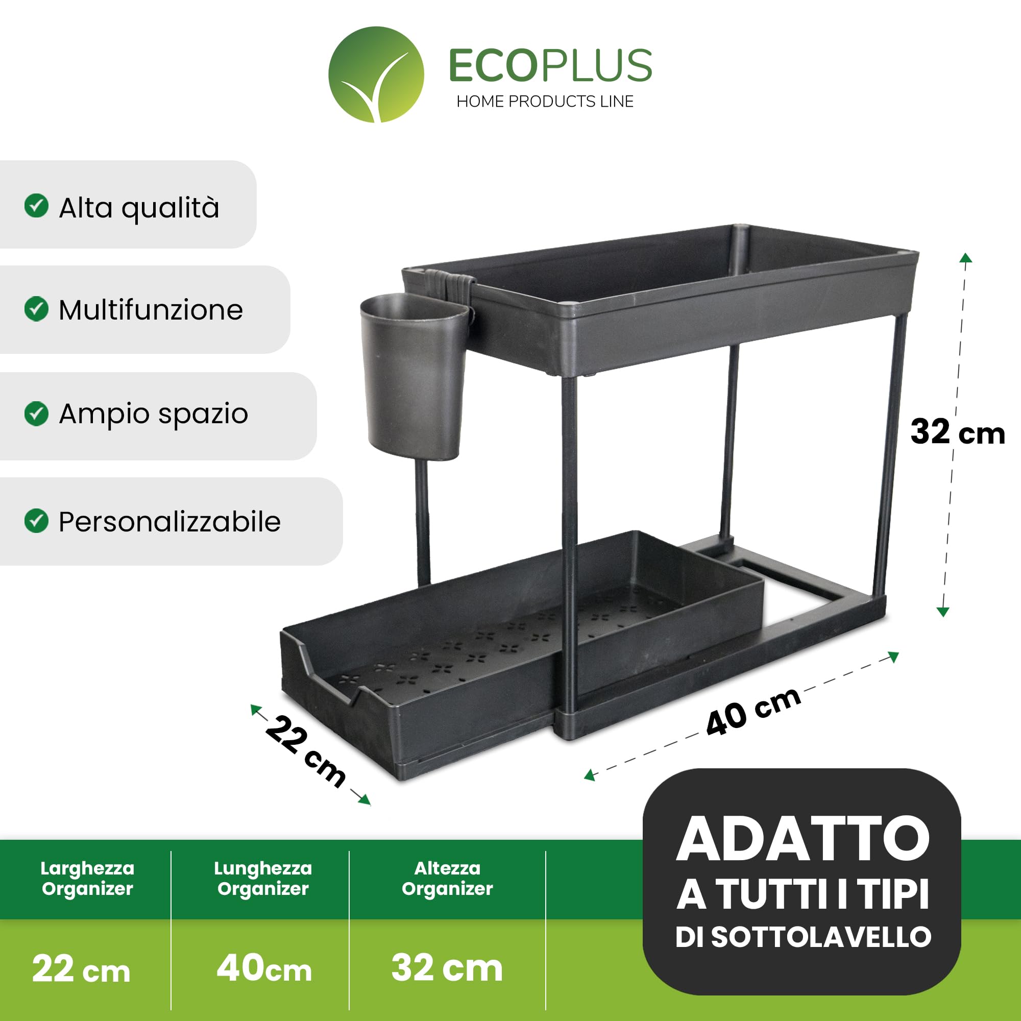 ECOPLUS Organizer Sottolavello Salvaspazio Sottolavabo, Organizzatore Cucina e Bagno, Scaffale Sottolavello Nero (40x22x32 cm) con Portaoggetti, Struttura Resistente, Perfetto per Lavandino e Lavello