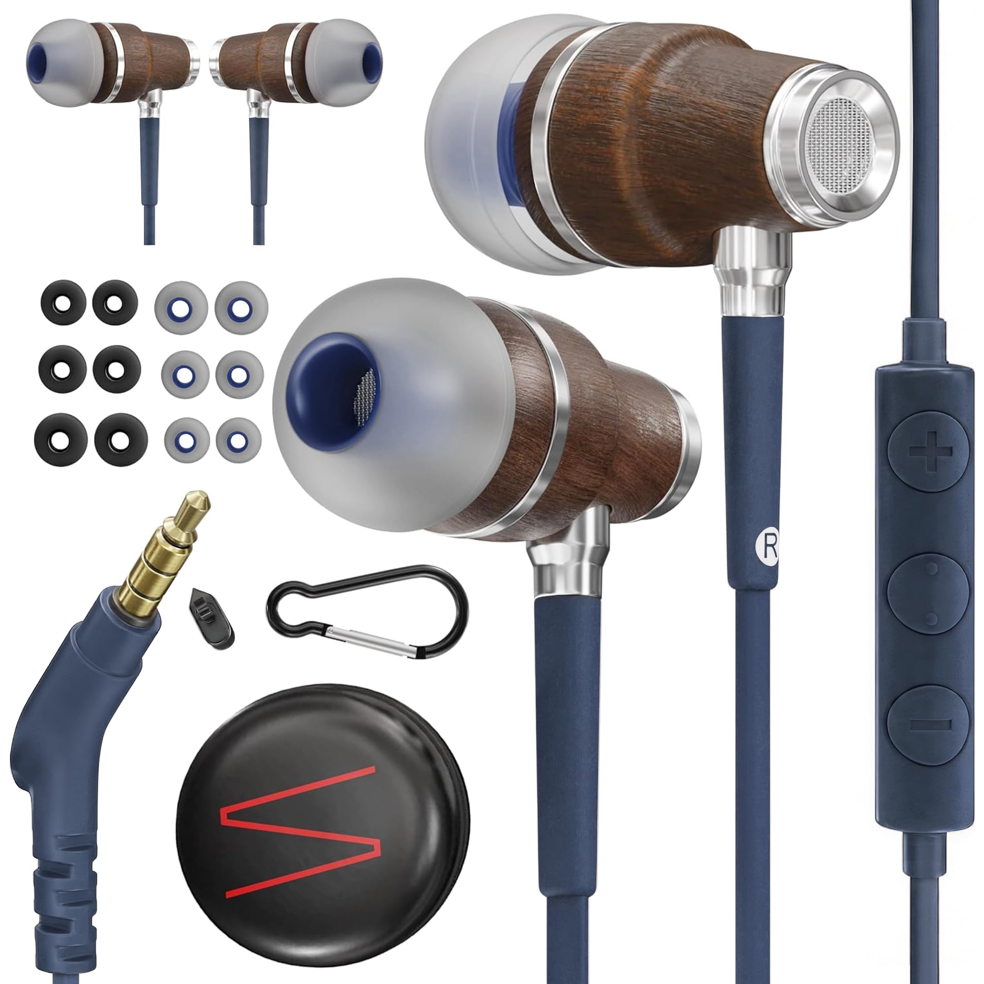 Symphonized Wooden Aux 3.5mm Jack Wired Earbuds for Laptop, Computer, Phone | HD Inline Microphone, Volume Control, Bubinga Wood, Deep Bass, 3 Ear Tip Sizes, Tangle Free Cord, Protective Case, Aux Cord