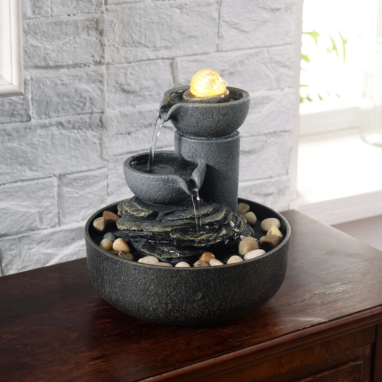 Fuente de la habitación, cascada de agua 2 etapas, meditación, decorativa con LED/adoquines, bolas de vidrio, sonidos relajantes para oficina y hogar (21098)