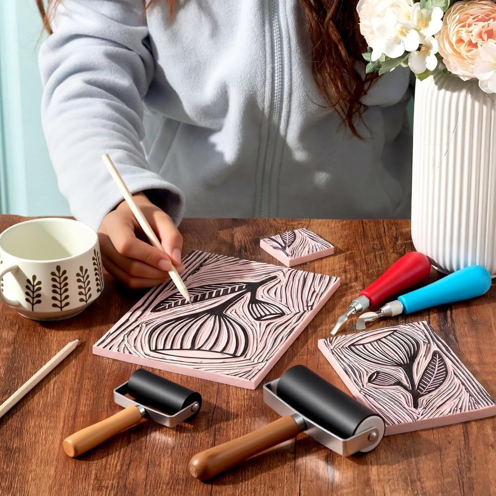 Kit de Linograbado para Impresión 2'' X 2'', 6 Piezas de 4'' X 6'', 2 Bloques de 6'' X 8'', 2 Cuchillos y 2 Rodillos de Bloques de Linóleo para Bricolaje.