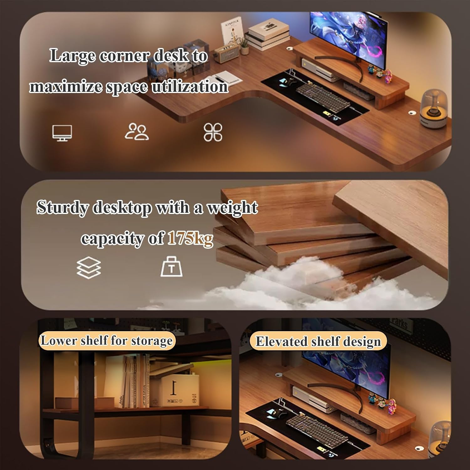 L Shape Desk Solid Wood Writing Desk Modern Computer Desk Bedroom Home Desktop Desk Bookshelf Integrated Desk With Storage Space Shelf Gaming Desk Corner Office Desk - Without Chairs(Black-right,120x8