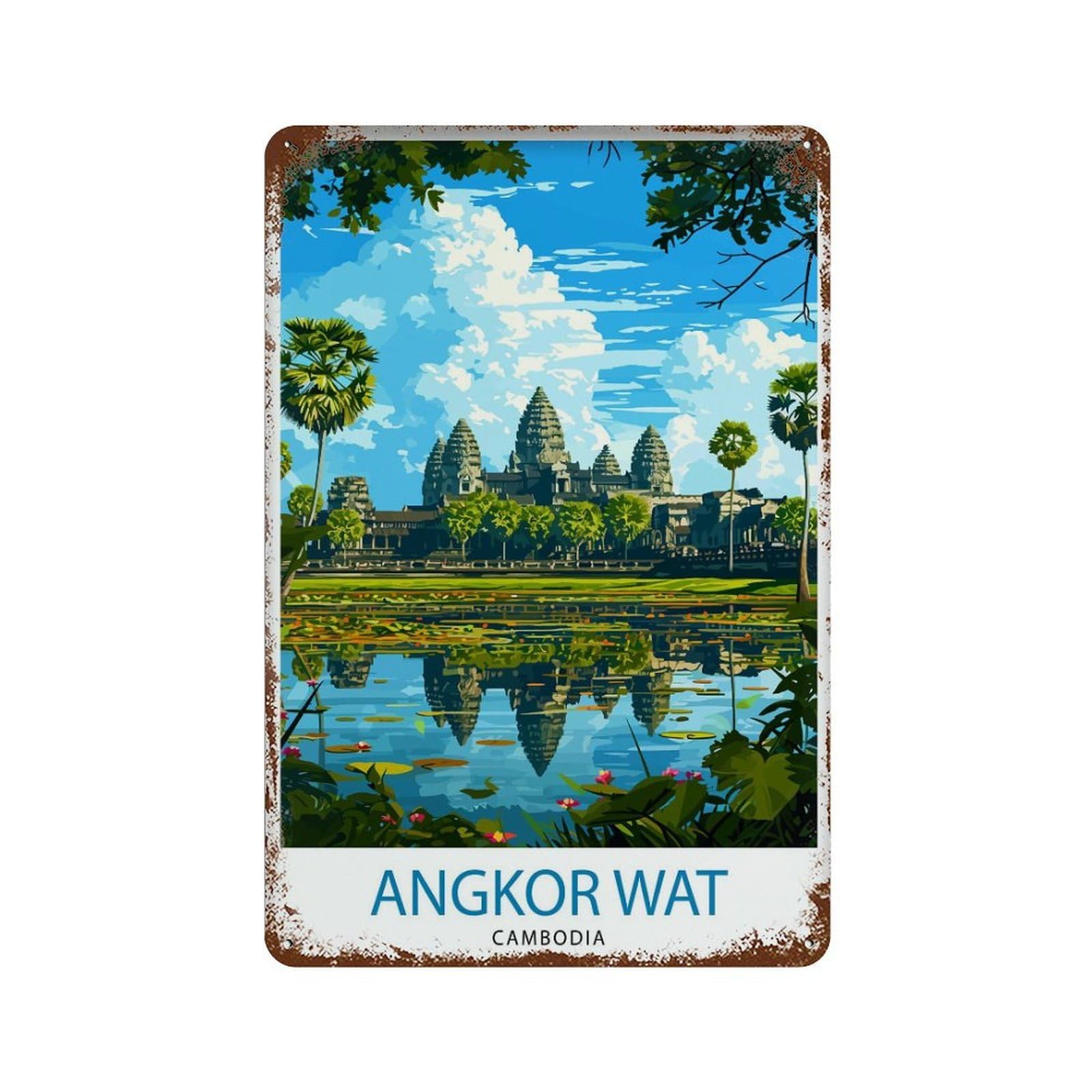 Angkor Wat Cambodia Ancient Temple Siem Reap Landmark Khmer Architecture Historical Site Wall Decor Art Metal Tin Poster Modern Home Decor Art Home Bar Shop Decorations Vintage Sign 30x20cm