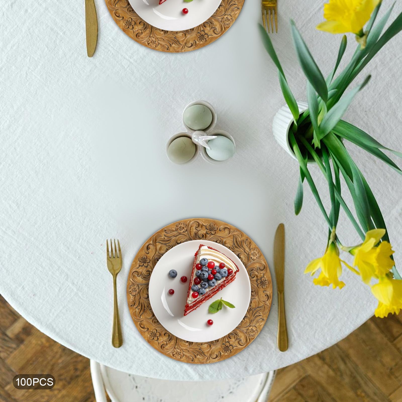 100 Stück Goldene Wiederverwendbare Platzteller, 33cm (Muster-C) | European Retro Einfarbige Unterteller, Runde Mehrweg Servierteller für Hochzeit, Party, Restaurant