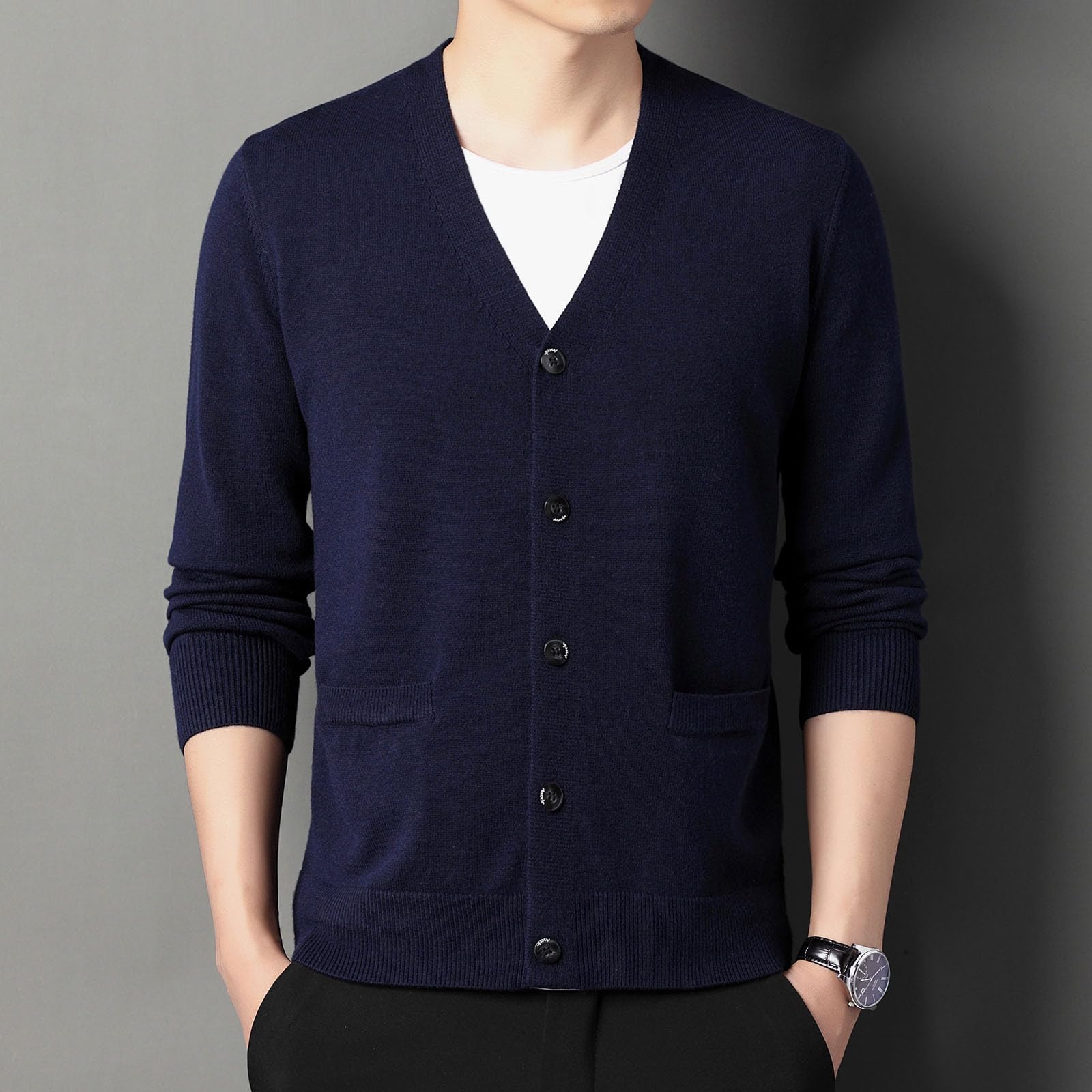Genérico Cardigan Punto Hombre, Chaqueta Punto Hombre Cuello V Cierre De Botones Y Bolsillos para Chaqueta Primavera Y Otoño Cómodo Suave Abrigo Casual Moda para El Ocio Y El Autocultivo