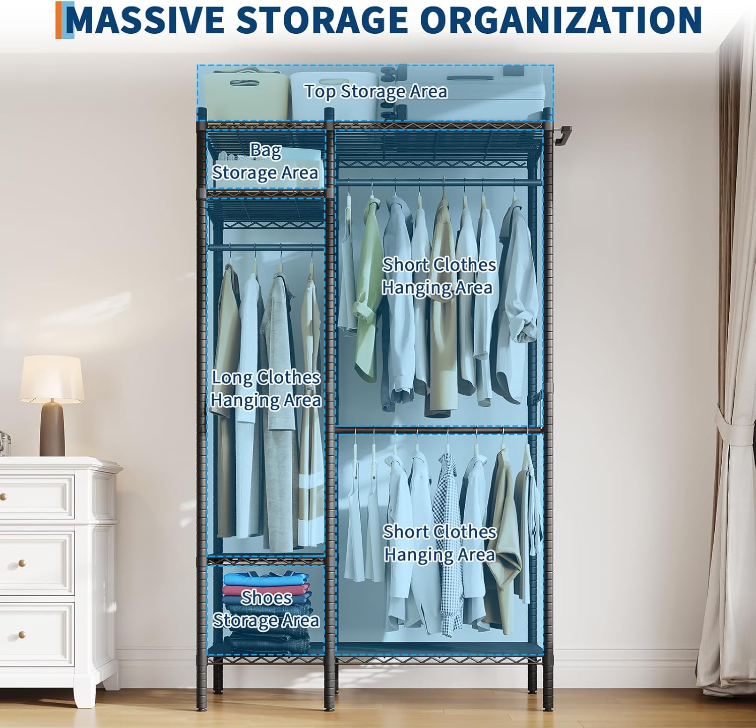 Heavy Duty 4-Tier Garment Rack with Shelves, 850 LBS Capacity Freestanding Closet Organizer, Adjustable Wardrobe System with 3 Hanging Rods for Bedroom, Store, Laundry Room, Black.