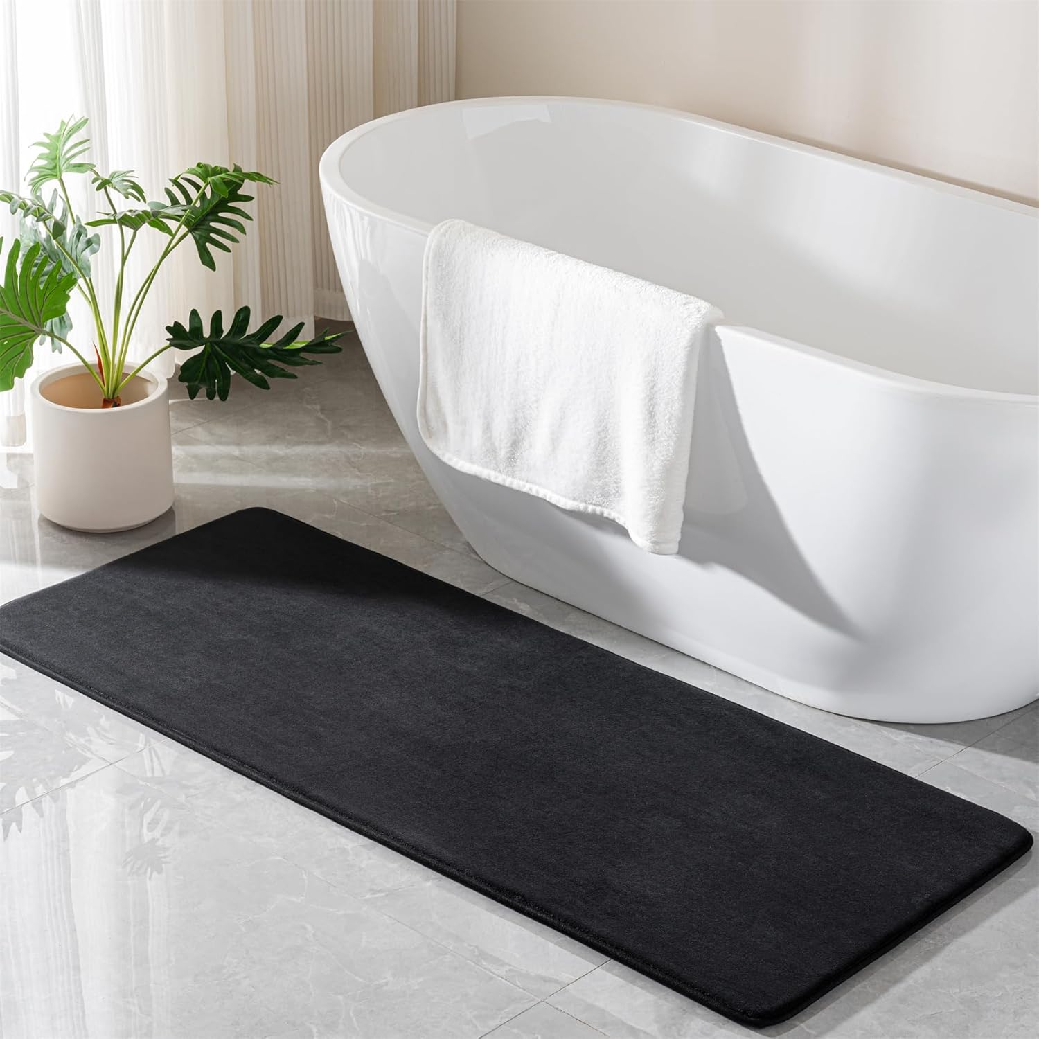 Black Memory Foam Bath Runner Mat Long Bathroom Rug Microfiber Bathroom Carpet Non Slip Soft Absorbent Washable Bathrug,24" x 60"