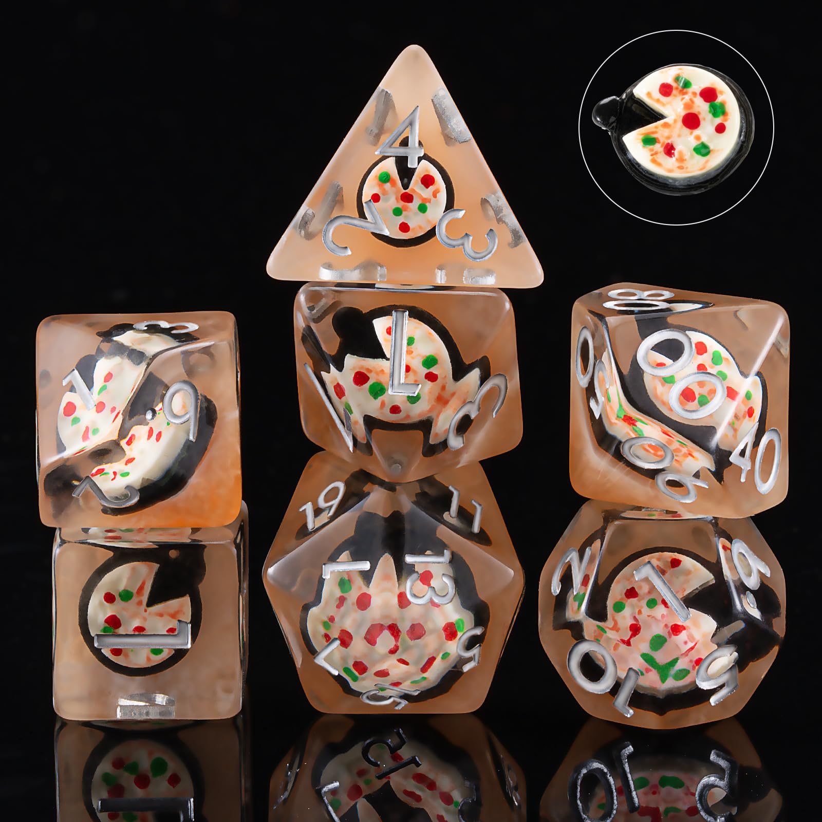 Resin Dice Set,Polyhedral Dice Animal Inclusion Dice,RPG D and D Dice Set for Role Playing Games (Pizza1)