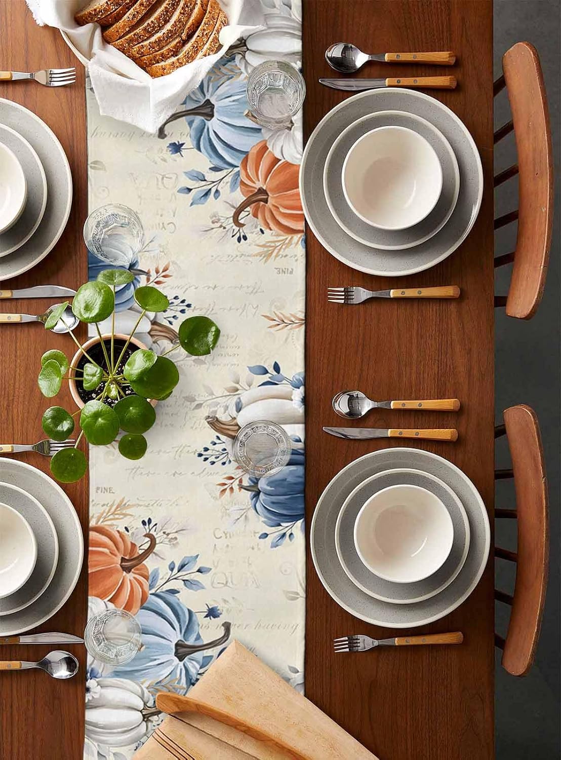 Thanksgiving Fall Table Runner - 72 Inch Long Maple Leaf Blue Gray Pumpkin Cotton and Linen Blended Dress Scarves Farmhouse Table Runner for Kitchen Dining, Coffee Table, 18" x 72"