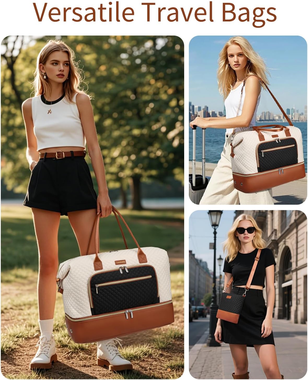 Weekender Bags for Women, Travel Duffle Bag Carry On Overnight Bag with Cosmetics Bag and Crossbody Purse for Gym Hospital, Gifts for Women, Beigeblack Brown - Image 2