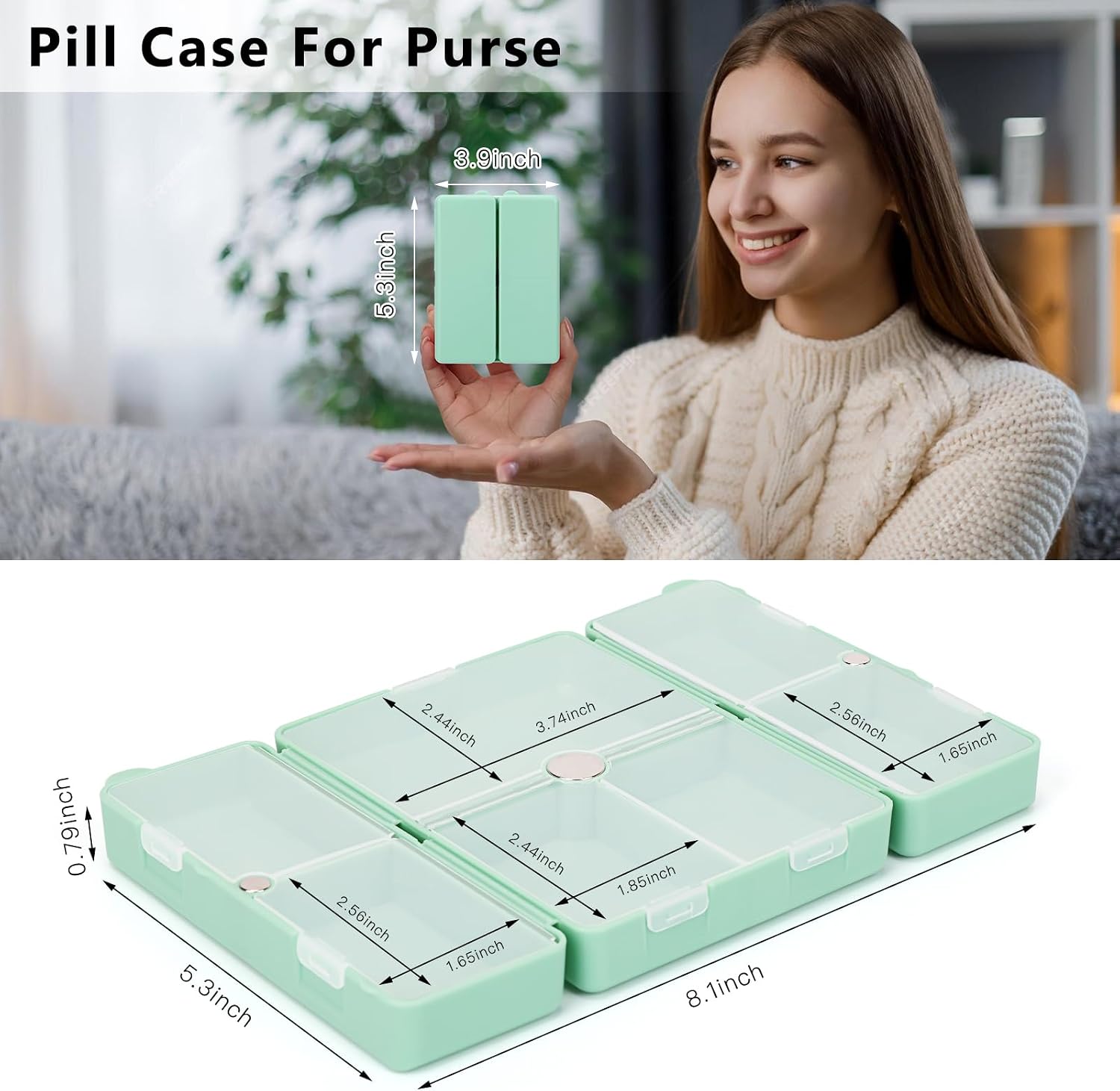 FYY Daily Pill Organizer,7 Compartments Portable Pill Case Travel Pill Organizer,[Folding Design] Pill Box for Purse Pocket to Hold Vitamins,Cod Liver Oil,Supplements and Medication-DarkGreen thumbnail 3