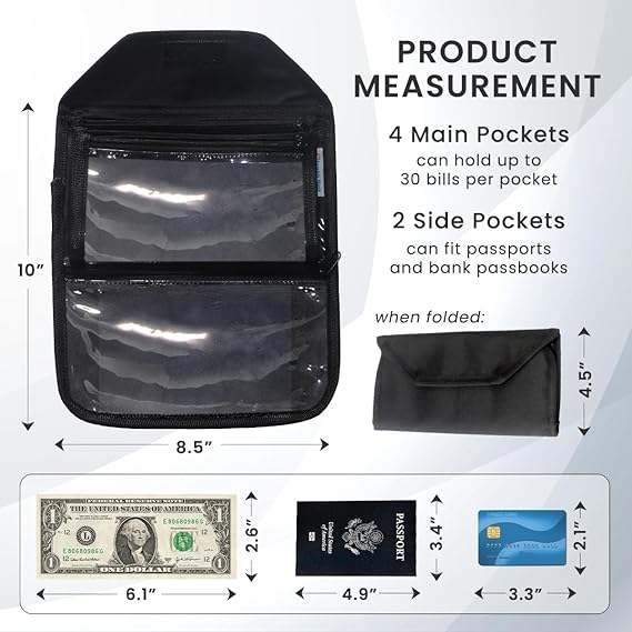 Money Wallet Organizer - 6 Zippered Pouch Multipack, Cash Envelopes for Budgeting and Savings (Black)