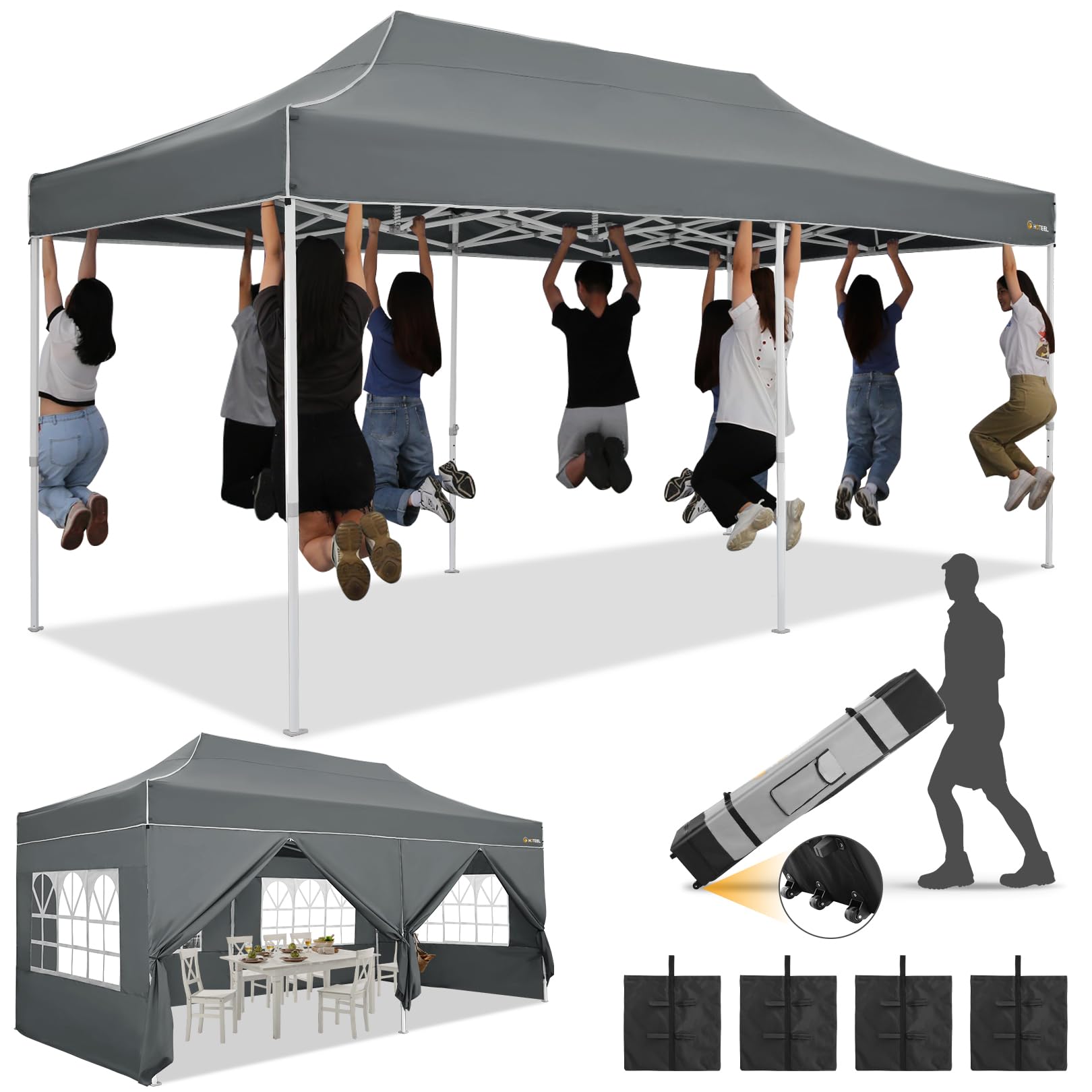 HOTEEL 10x20 Heavy Duty Pop Up Canopy Tent with Sidewalls, Commercial Outdoor Canopy Tents for Parties Event Wedding with Roller Bag, Waterproof & UV 50+, Upgraded Thickened Hexagonal Legs, Gray