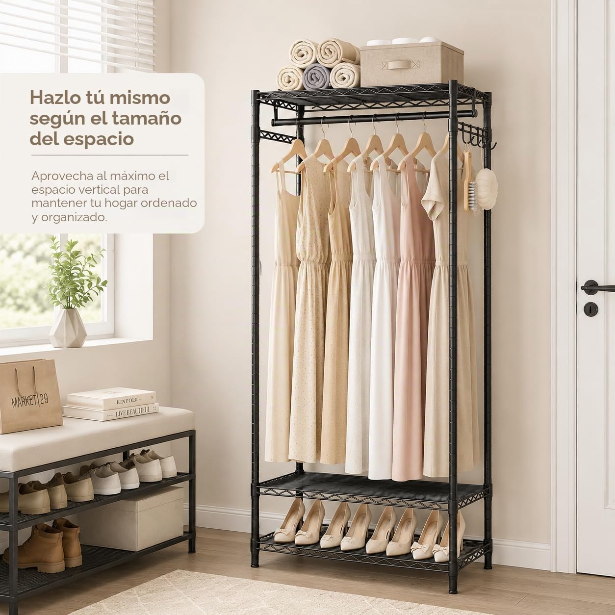 Burro de Ropa Ajustable con Estantes y Barras para Ropa | Capacidad de carga de 435 kg, Con Ganchos, Negro, 187 × 44 × 193 cm