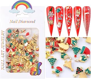 Christmas Nail Decorations Multi Shape Gold Metal Christmas Nail Charms Nail Studs 3D Nail Art Rhinestones Snowflake Reindeer Bells Snowman for DIY Nail Art Craft Accessories(100 Pieces)
