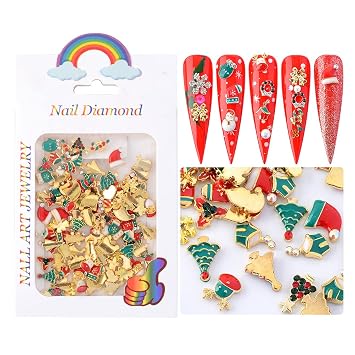 Christmas Nail Decorations Multi Shape Gold Metal Christmas Nail Charms Nail Studs 3D Nail Art Rhinestones Snowflake Reindeer Bells Snowman for DIY Nail Art Craft Accessories100 Pieces