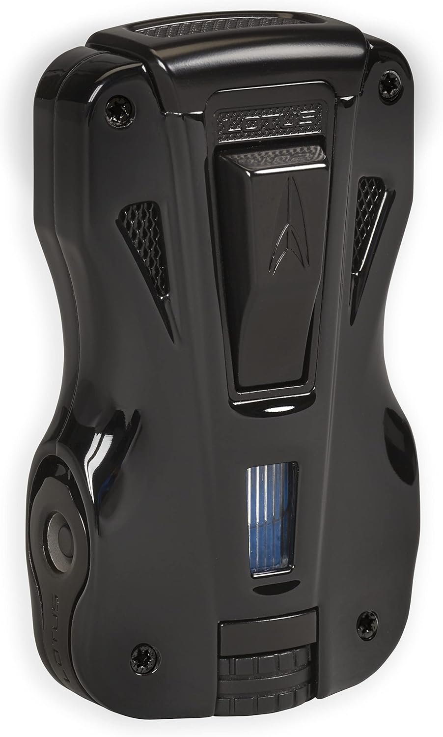 Lotus GT Cigar Lighter with Double Pinpoint Wind-Resistant Torch Flames, Metal Housing, Two Fold-Out Cigar Punches, Two-Sided Fuel Level Window, Large Tire-Shaped Flame Adjuster (Black & Black Matte)