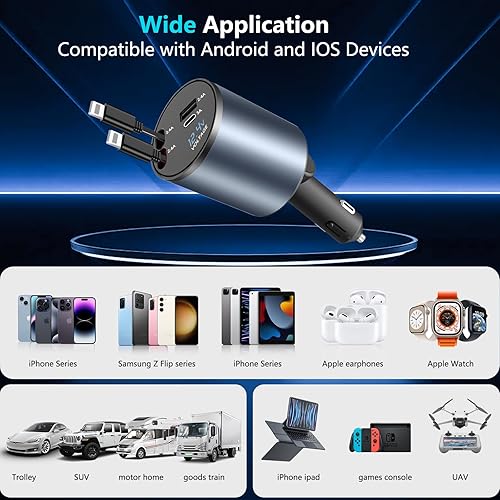 Miniatura 7 de Paiholy Cargador de coche retráctil, cargador de coche USB C rápido 4 en 1 de 100 W con doble cable retráctil, puertos USB duales, cargador de coche