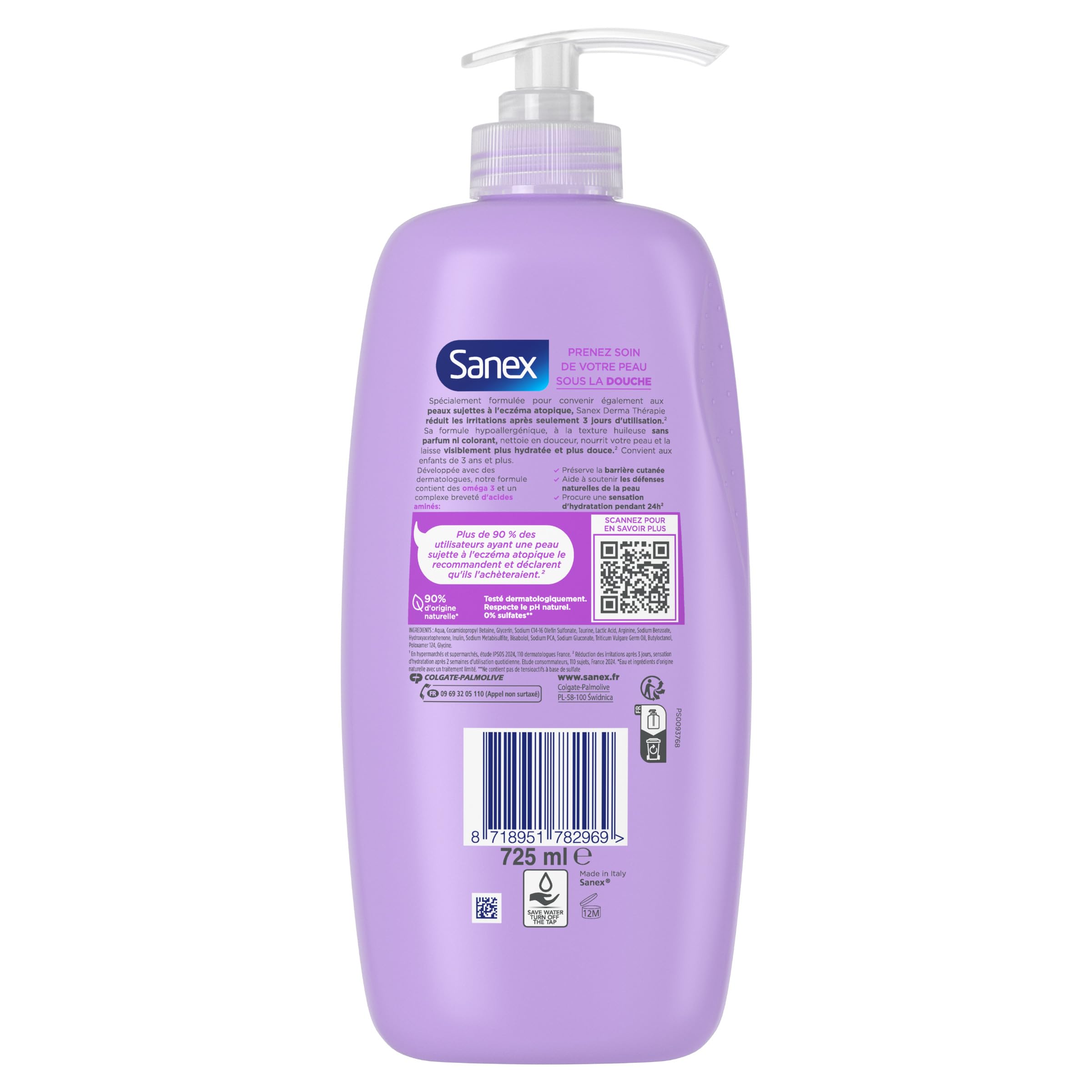 SANEX - Derma Thérapie - Huile de douche anti-démangeaisons et anti-irritations - Gel Douche - Peaux sujettes à l’eczéma atopique - hypoallergénique - complexe d’acides aminés - Pompe 725ml