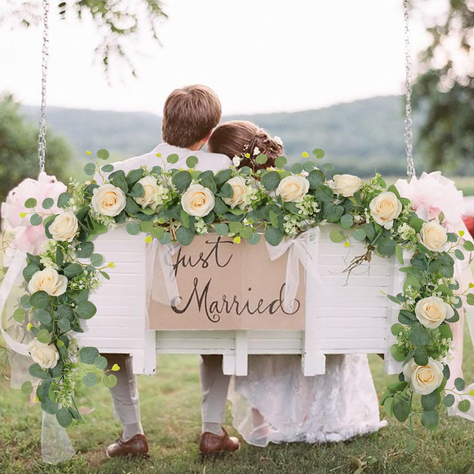 Dremisland 2PCS/12 FT Artificial Eucalyptus Flower Garland Spring Decor White Rose Fake Flowers Outdoor Greenery Fake Eucalyptus Garland Hanging Wisteria Faux Vines for Wedding Table Runner Backdrop - Image 4