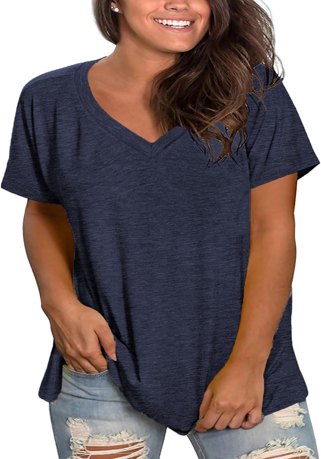 Plus Size V Neck T Shirts Women Short Sleeve Tops Casual Summer Tshirts Loose Fit Tee - Image 2