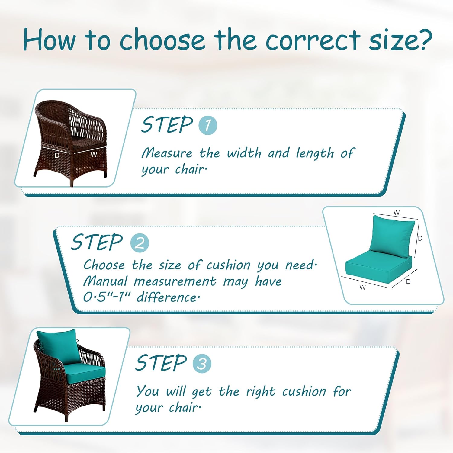6" Outdoor Chair Cushion with Removable Cover, Fade Resistant Patio Furniture Cushions Set of 7,22x24 Outdoor Deep Seat Cushion with Handle for Chair, Sofa, and Couch,Sectional,Turquoise