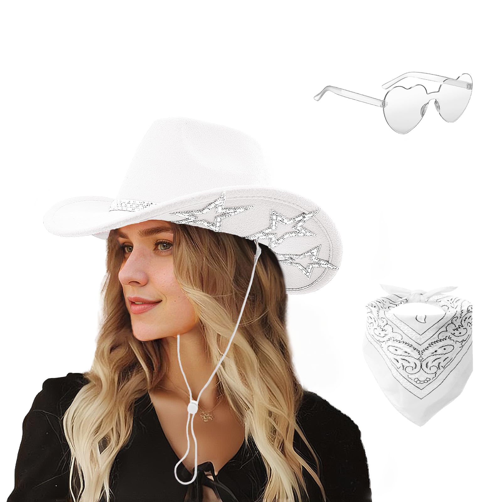 Dajooee Unisex White Cowgirl Hat With Bandana & Heart Sunglasses | Glitter Star Cowboy Hat | Western Sparkly Hats For Women & Men (Uk, Alpha, One Size, M, )