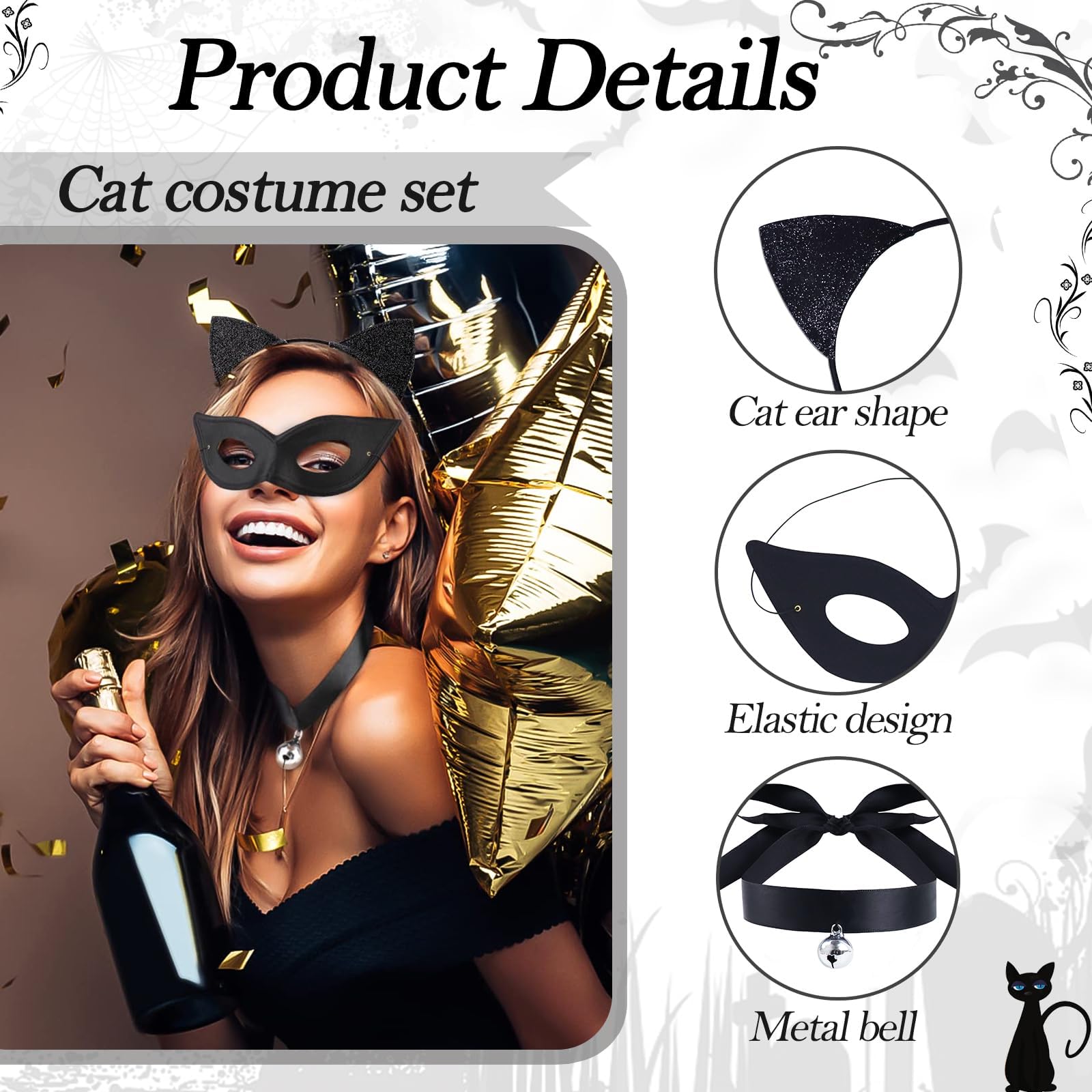 Doodlewitz 6pcs Black Cat Costume Set, Sequins Black Cat Ears Cat Tail Masquerade Eye Cover Tail Cat Claw Gloves Choker - Image 3