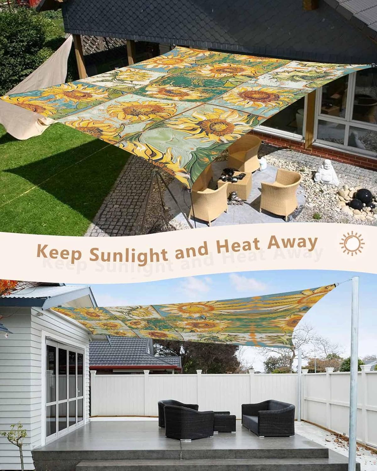 Sun Shade Sail 8' x 10' Yellow Sunflower Leaf Rectangle UV Block Canopy Printing Art Waterproof Outdoor Shade Sail for Patio Garden Yard Deck Pergola Beach