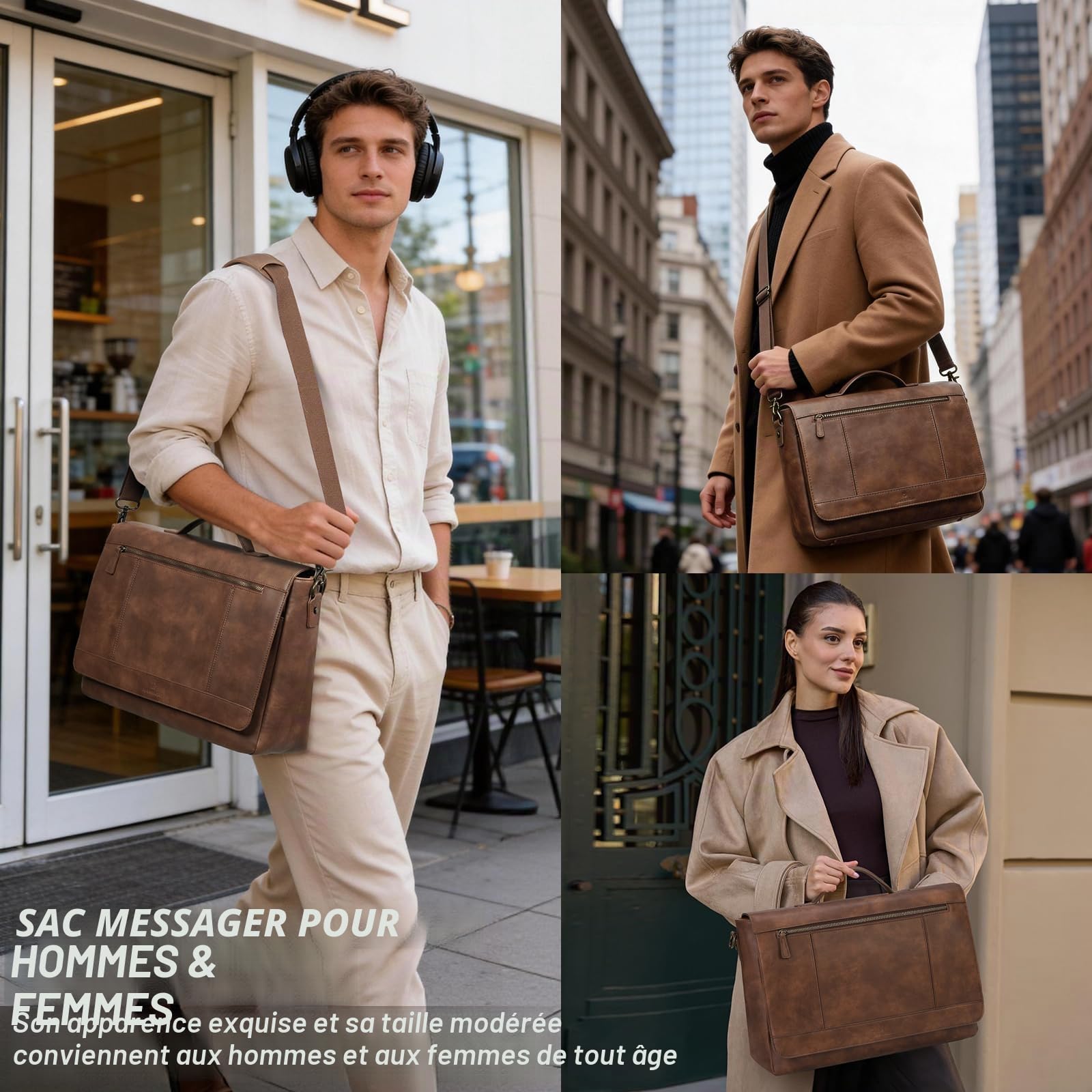 RAINSMORE Sac à bandoulière en cuir pour homme de 15,6 pouces - Étanche - Style vintage - Grande sacoche à bandoulière - Pour le travail, le bureau, l'université