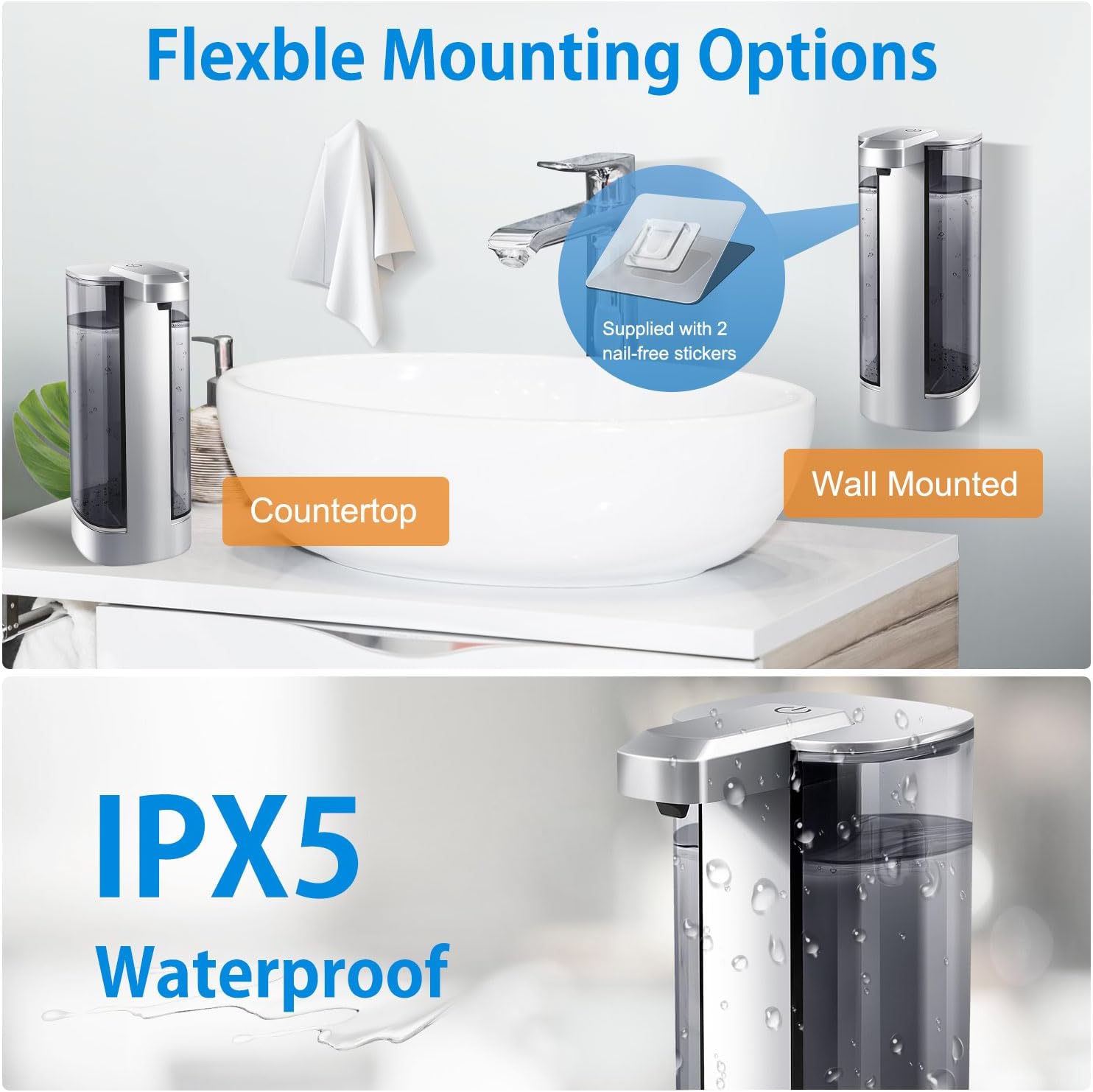 Automatic Liquid Soap Dispenser, Rechargeable, Touchless, 17oz/500ml with 4 Adjustable Soap Levels, Wall Mount & Waterproof, Liquid Hand/Dish Soap Dispenser for Bathroom Kitchen - Image 6