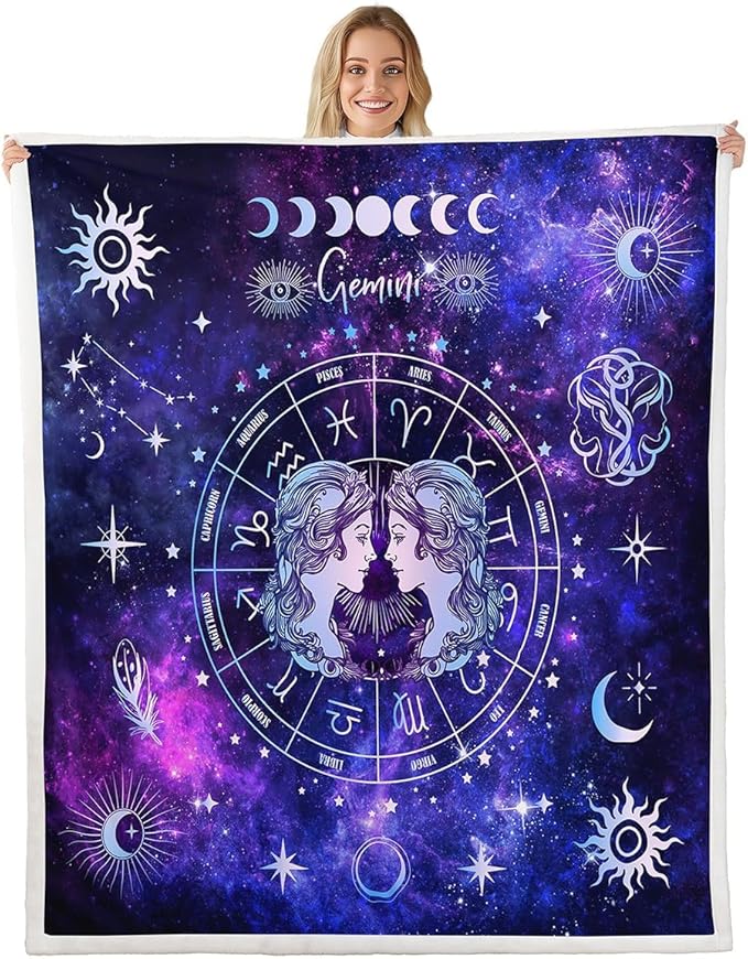 Gemini Kids Throw Blanket,12 Constellations Astrology Zodiac Bed Blanket for Girls Boys Adults,Sun Moon Starry Sky Galaxy Fleece Blanket,Purple Romantic Fuzzy Blanket,Baby Size (30 x 39 Inches)
