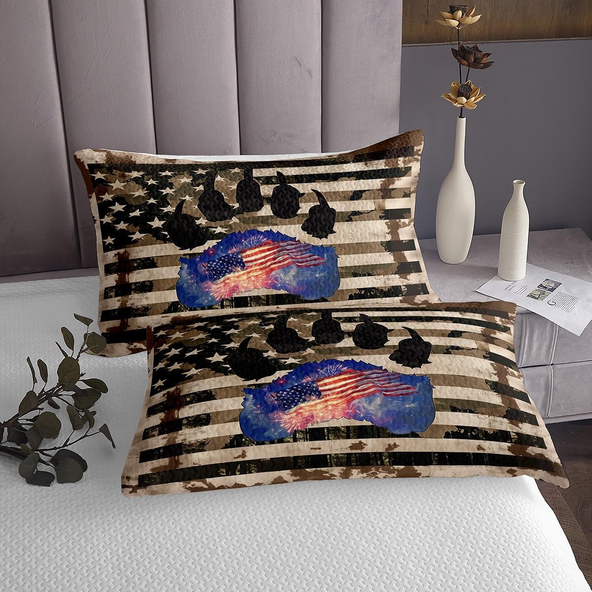 Homewish Retro American Flag Bedspread Twin Size,Paw Print Bedding Set for Kids Boys Girls Room Decor,Star Vintage Camouflage Stripes Coverlet Set 2Pcs,Animal Footprint Quilt,1 Pillowcase