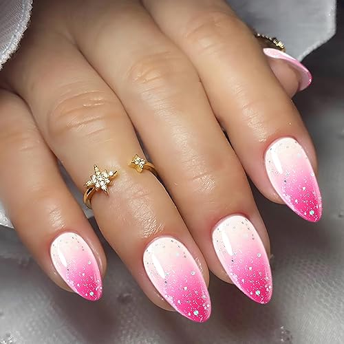 Miniatura 3 de RIMUDECURE Uñas postizas a presión de gelatina rosa brillante, hechas a mano, serie de uñas postizas con forma de almendra mediana, con purpurina,