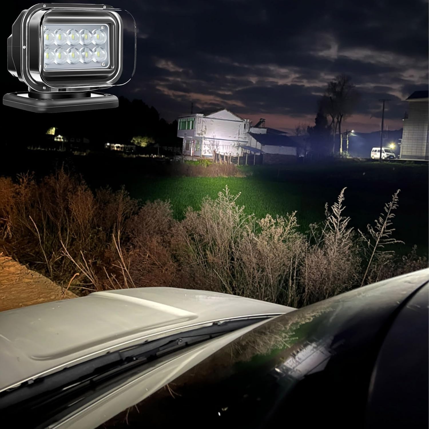 LED Searchlight, 8 Inch 50W 5000lm Waterproof Remote Marine Hunting Search Spot Light With 360 Rotating, 12V 24V LED Spotlight for Boat Off-road Truck, 6 Strong Magnets Built-in