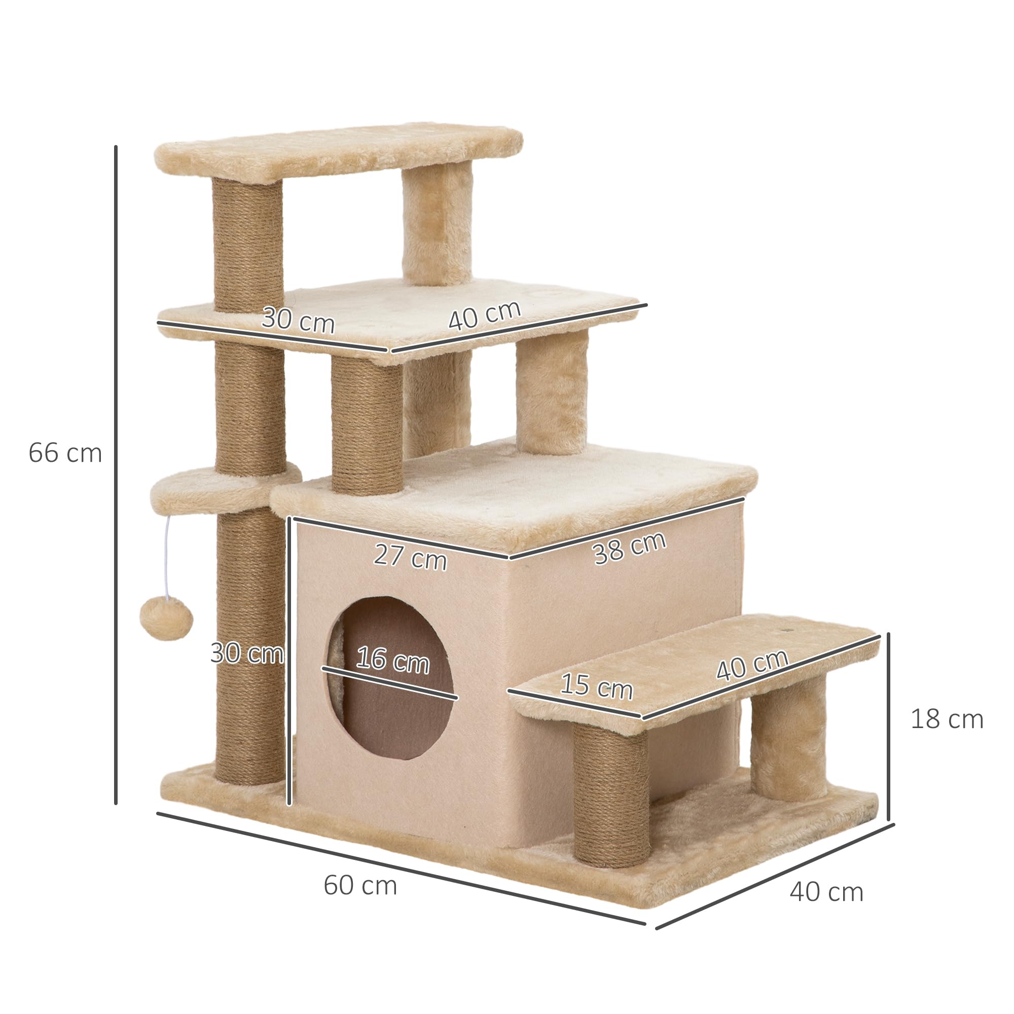 PawHut Hundetreppe 3/4 Stufen 66 cm Hoch Haustiertreppe mit Schlafhöhle, Rampe, Sipielball, Katzentreppe für mittelgroße Katze Hunderampe Einstiegshilfe für Bett, Sofa, Couch, Beige