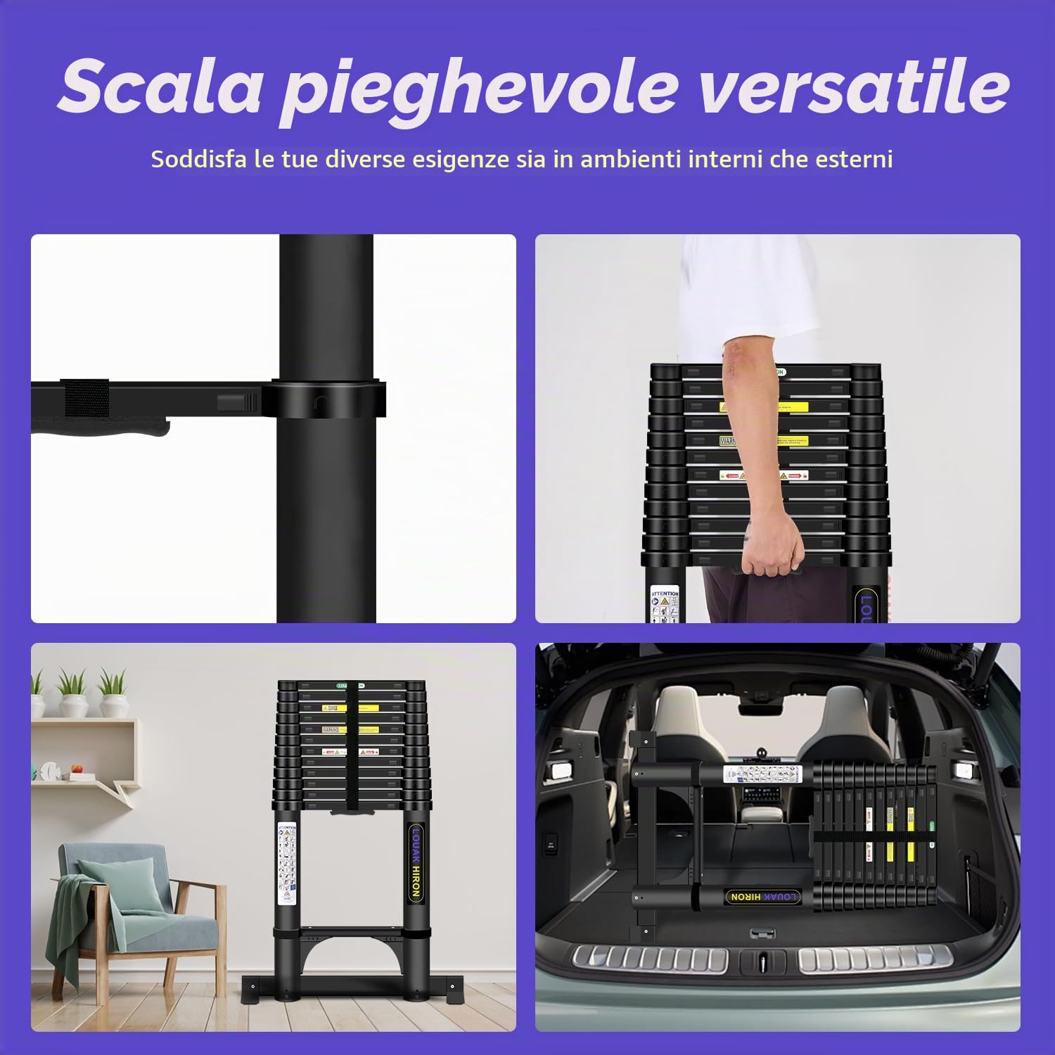 Scala telescopica in alluminio, 5,05 m, scaletta pieghevole antiscivolo, in alluminio, di alta qualità, multifunzione