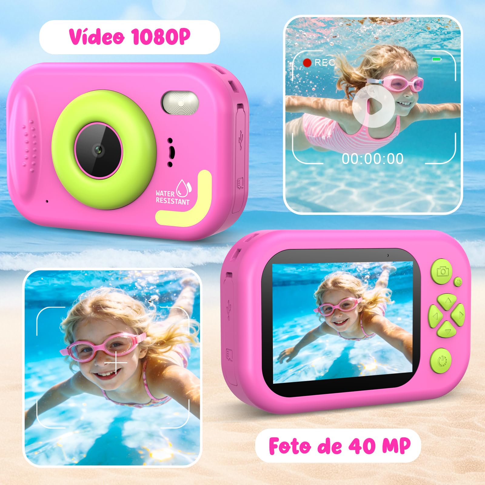 Camara Fotos Infantil, 1080P Cámara Acuática Niños, 10M/32.8FT Cámara Impermeable para Niños con Pantalla de 2,4”, Tarjeta de 32GB, Flash LED, Regalo para Niños y Niñas de 3-12 Años