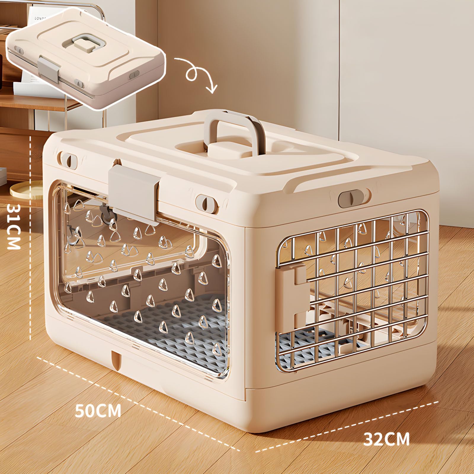 Transportador de animales pequeños visible con función de configuración rápida, ideal para viajes y viajes