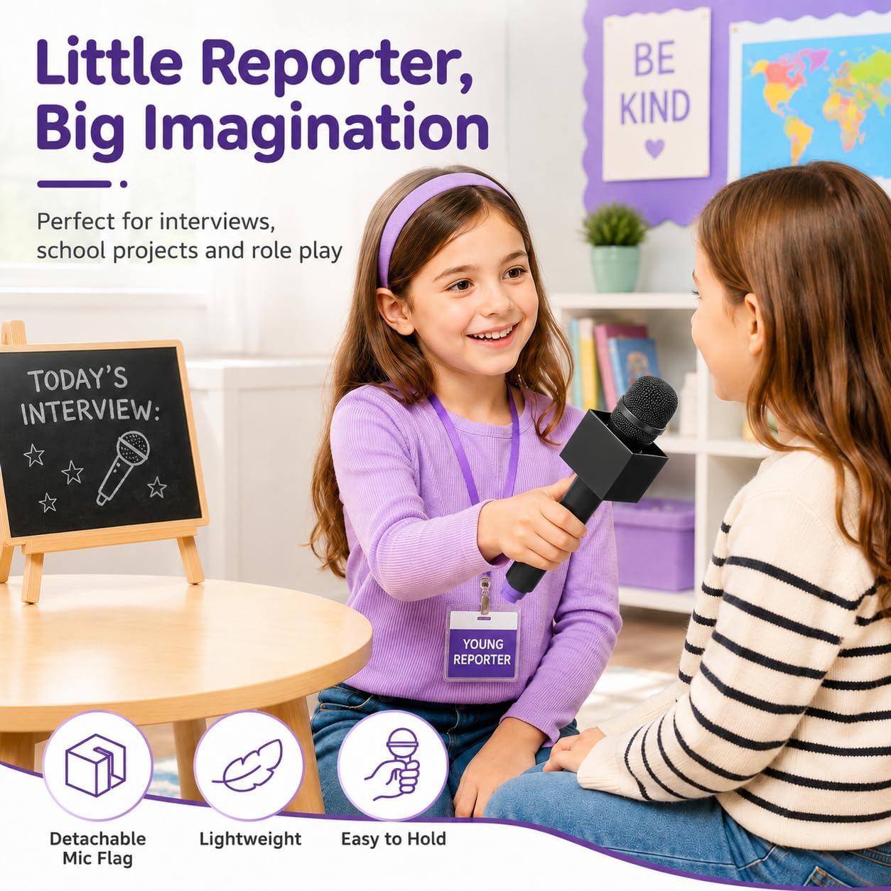 Fake Microphone Props for Kids Plastic Microphone Toy with Flags Square Cube Station Pretend Play Mic Prop for Karaoke Interview Reporter Host Party Accessory image 3