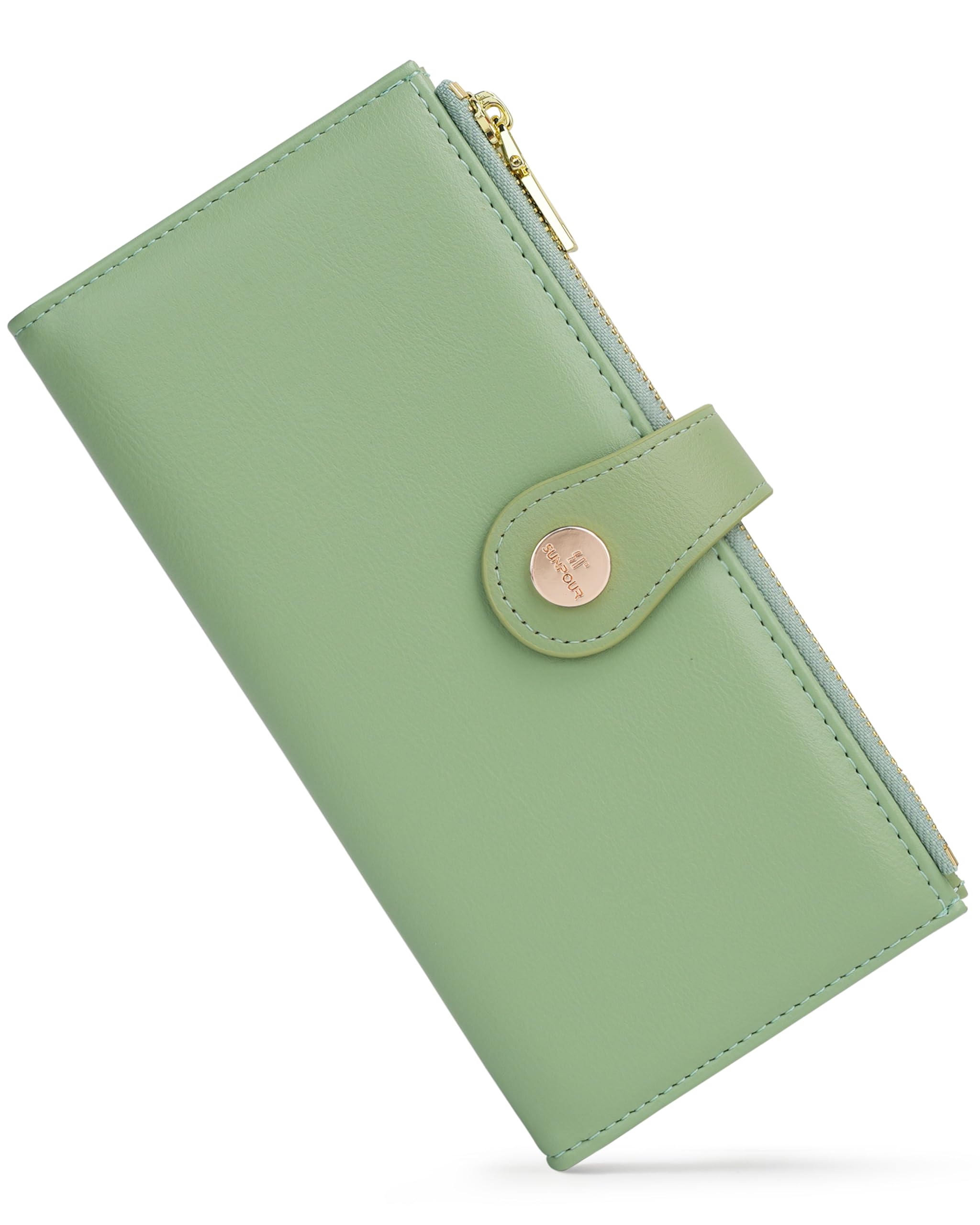 Sunpour Women’s Wallet,Thin RFID Blocking Leather Wallet for Women Credit Card Holder Travel Wallet with Zipper Pocket(Green)