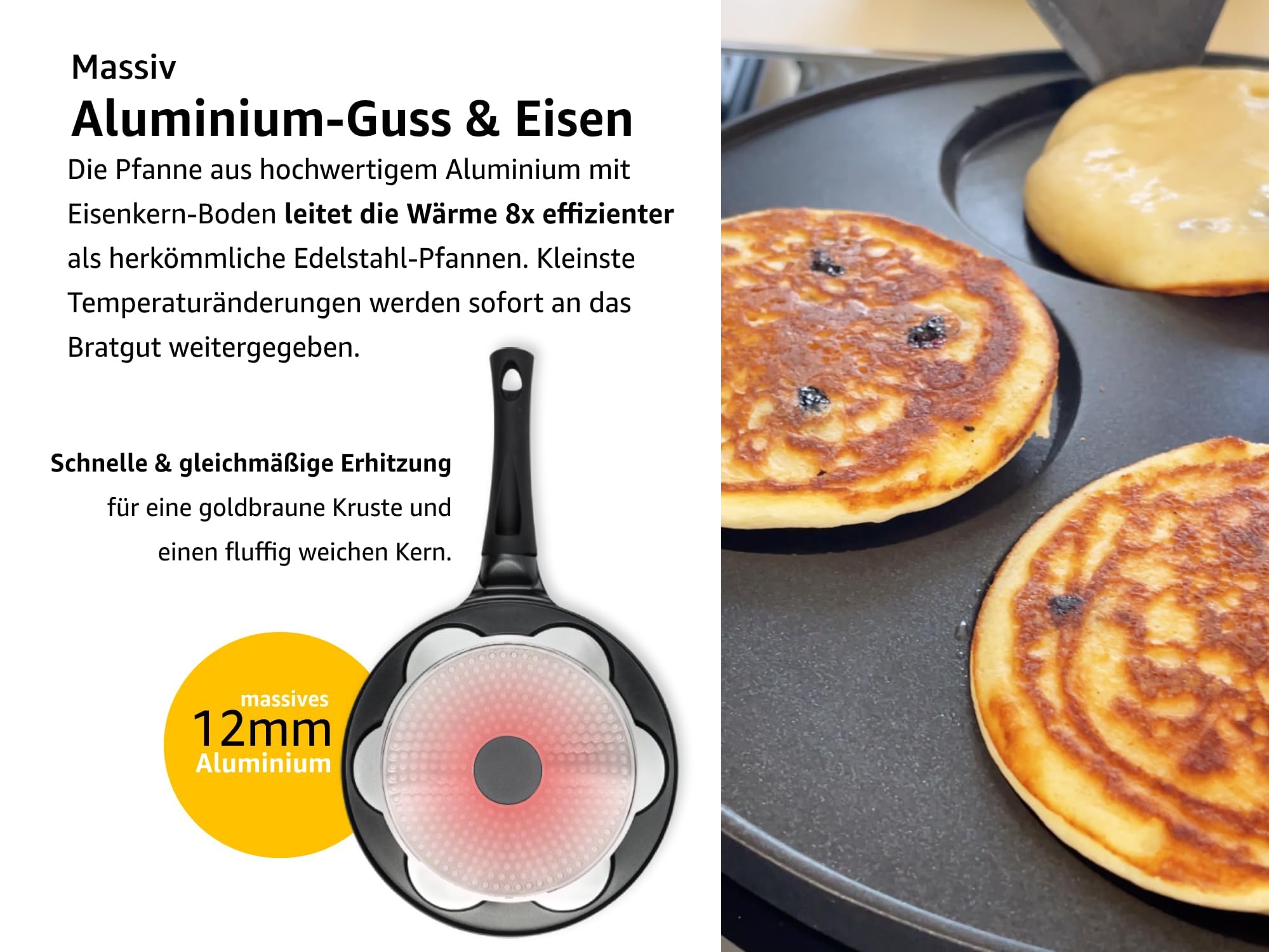 endusor Pancake Pfanne Induktion - Spiegeleipfanne Ø26cm mit 3-fach PowerShield-Beschichtung. Für alle Herdarten: Induktion Ceran Gas Elektro. Pfanne mit 4 Formen für Pancakes, Eier und Pfannkuchen