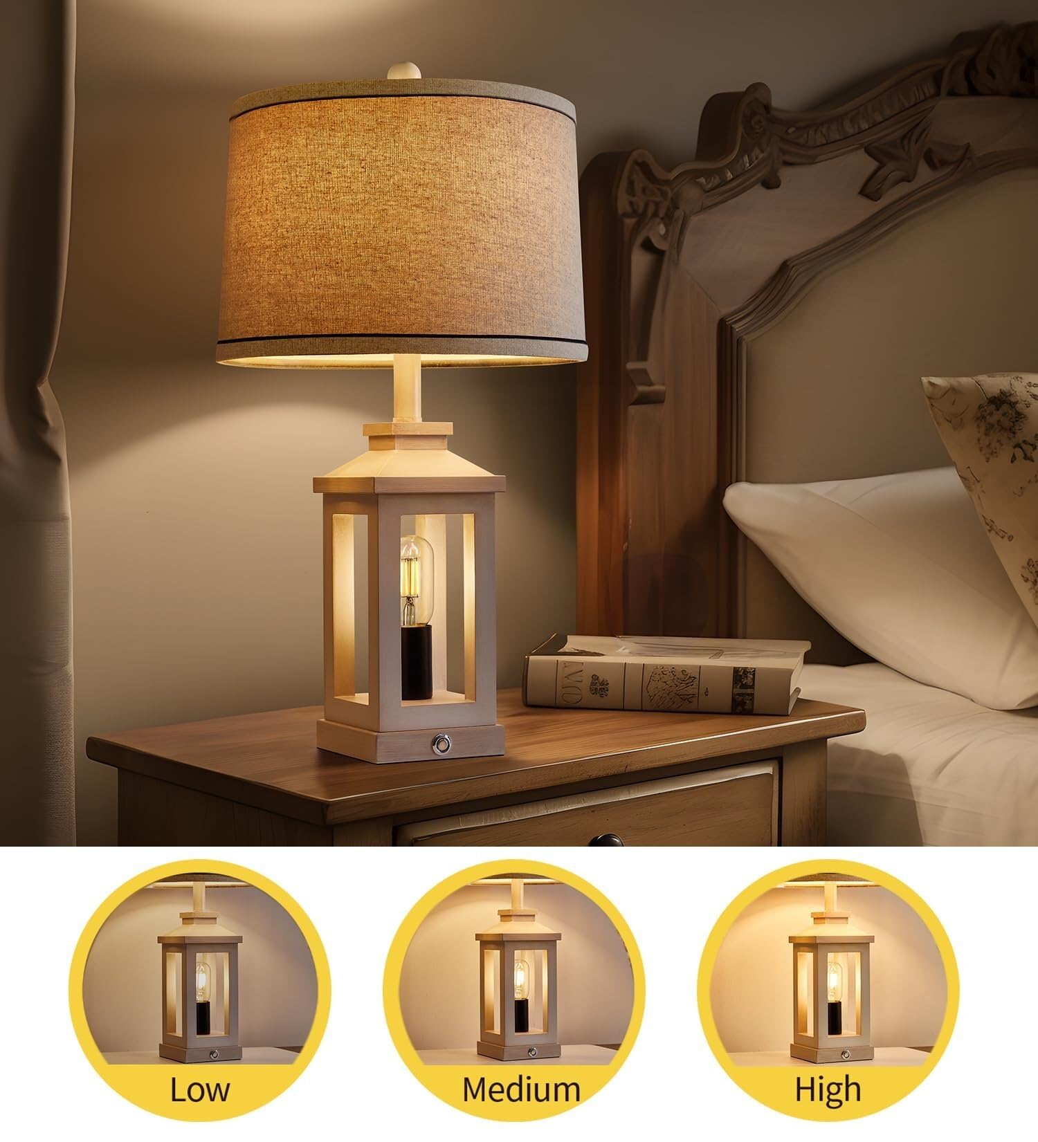 CCXXYGWJ Lampada da Tavolo Touch retrò da 23,75" con Paralume in Lino, Porte USB C+A, Camera da Letto e Comodino, Adatta per Soggiorno, dormitorio, Ufficio, (Nero)