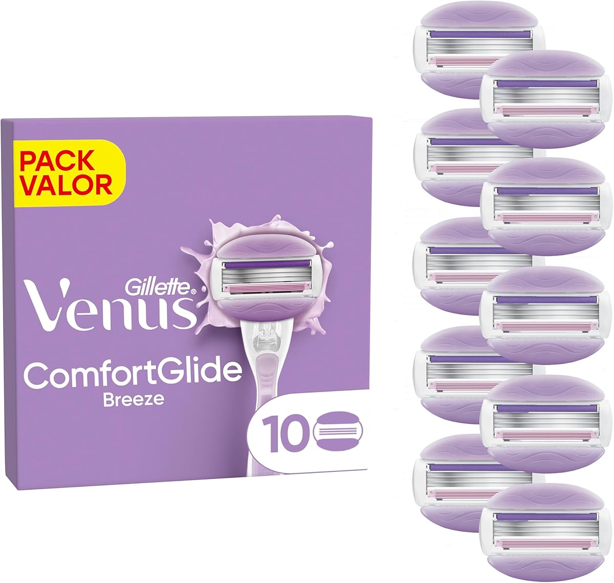 Gillette Venus Comfortglide Breeze, Recambios Para Maquinilla De Afeitar Para Mujer, Pack De 10 Cuchillas De Recambio Con 3 Hojas Para Una Depilación Suave, Apurada Y Duradera