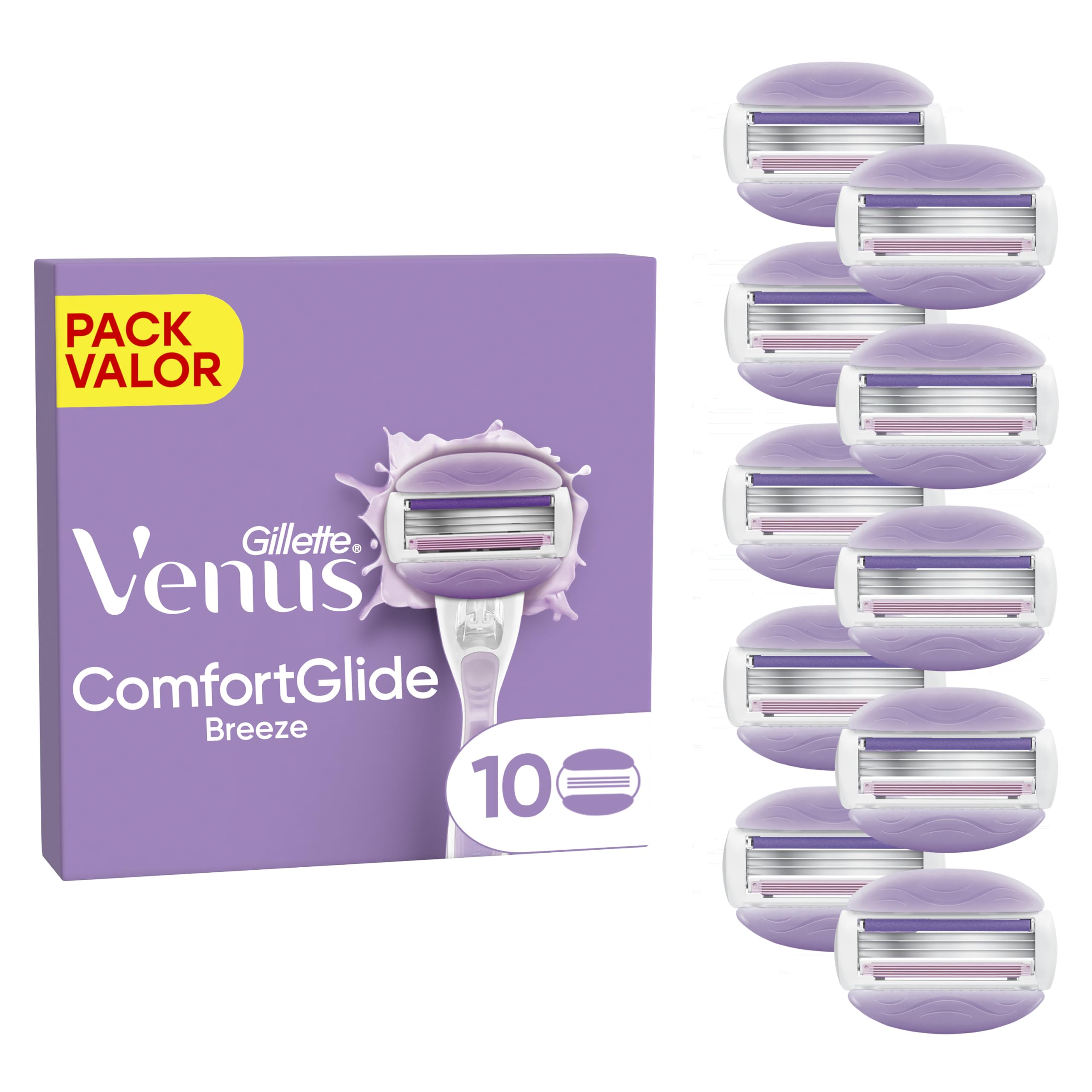 Gillette Venus Comfortglide Breeze, Recambios Para Maquinilla De Afeitar Para Mujer, Pack De 10 Cuchillas De Recambio Con 3 Hojas Para Una Depilación Suave, Apurada Y Duradera