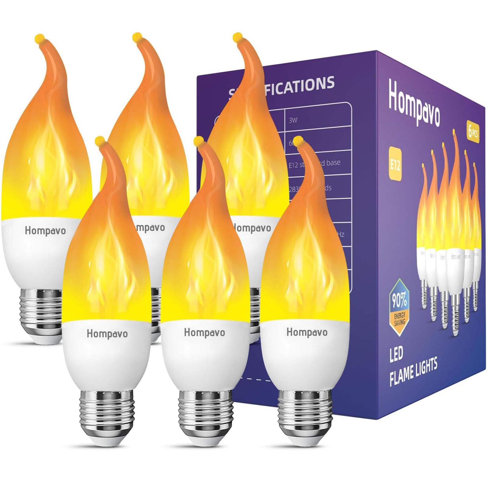 Hompavo LED Flame Light Bulbs E26 Base, Upgraded 3 Modes Flickering Candle Bulbs for Halloween Christmas Party Porch Indoor & Outdoor Decoration – 6 Pack
