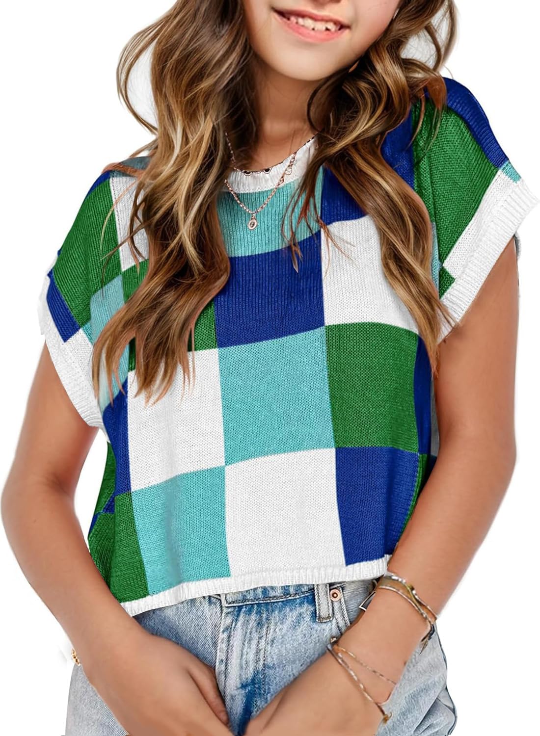 Girls Summer Crop Tops Spring Vest Cute Tanks Cap Sleeve Colorblock Tee Loose Kids Fall Knit Top