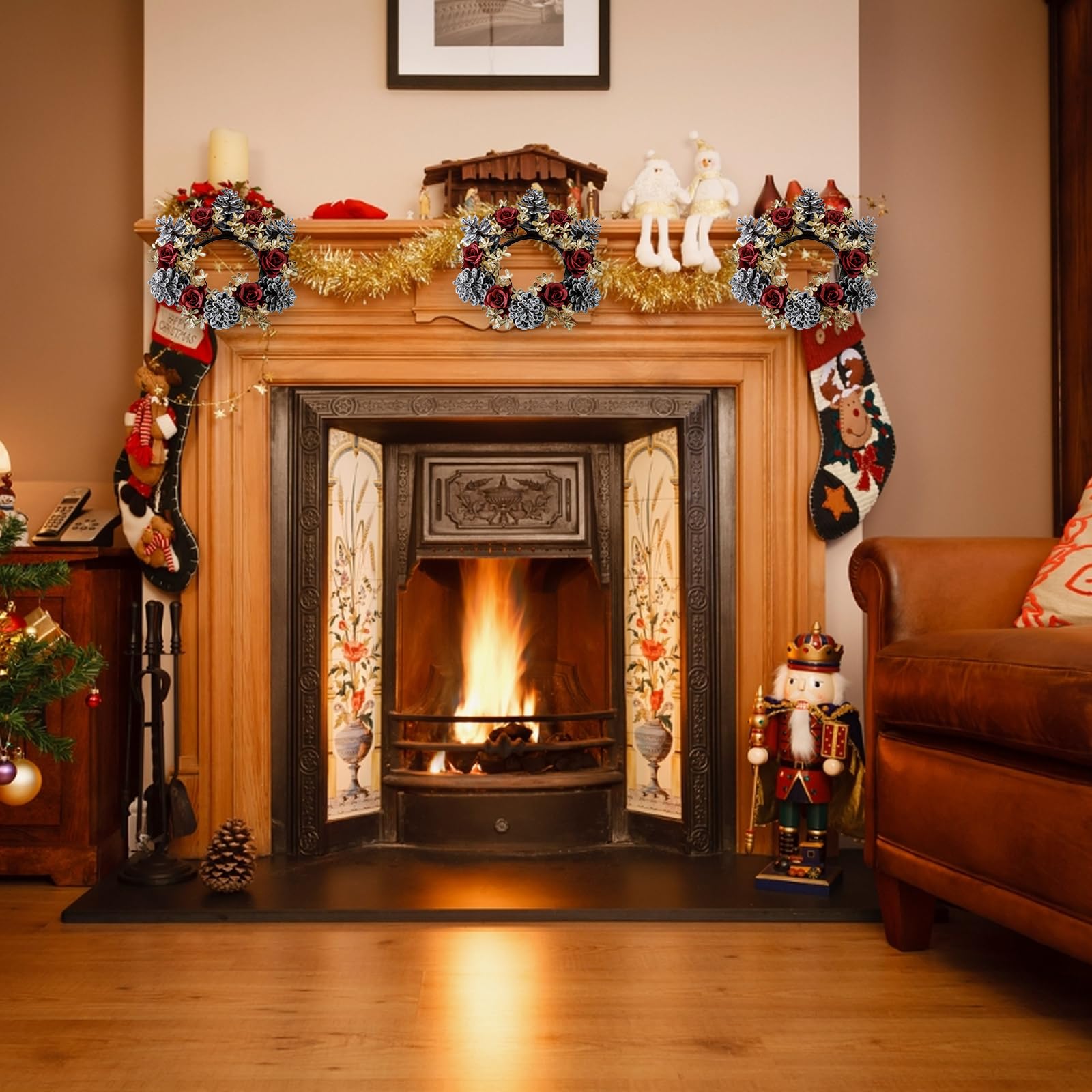 Pine Cone Candle Rings with Gold Flower & Red Rose - Christmas Centerpiece for New Year Table & Wall Decoration