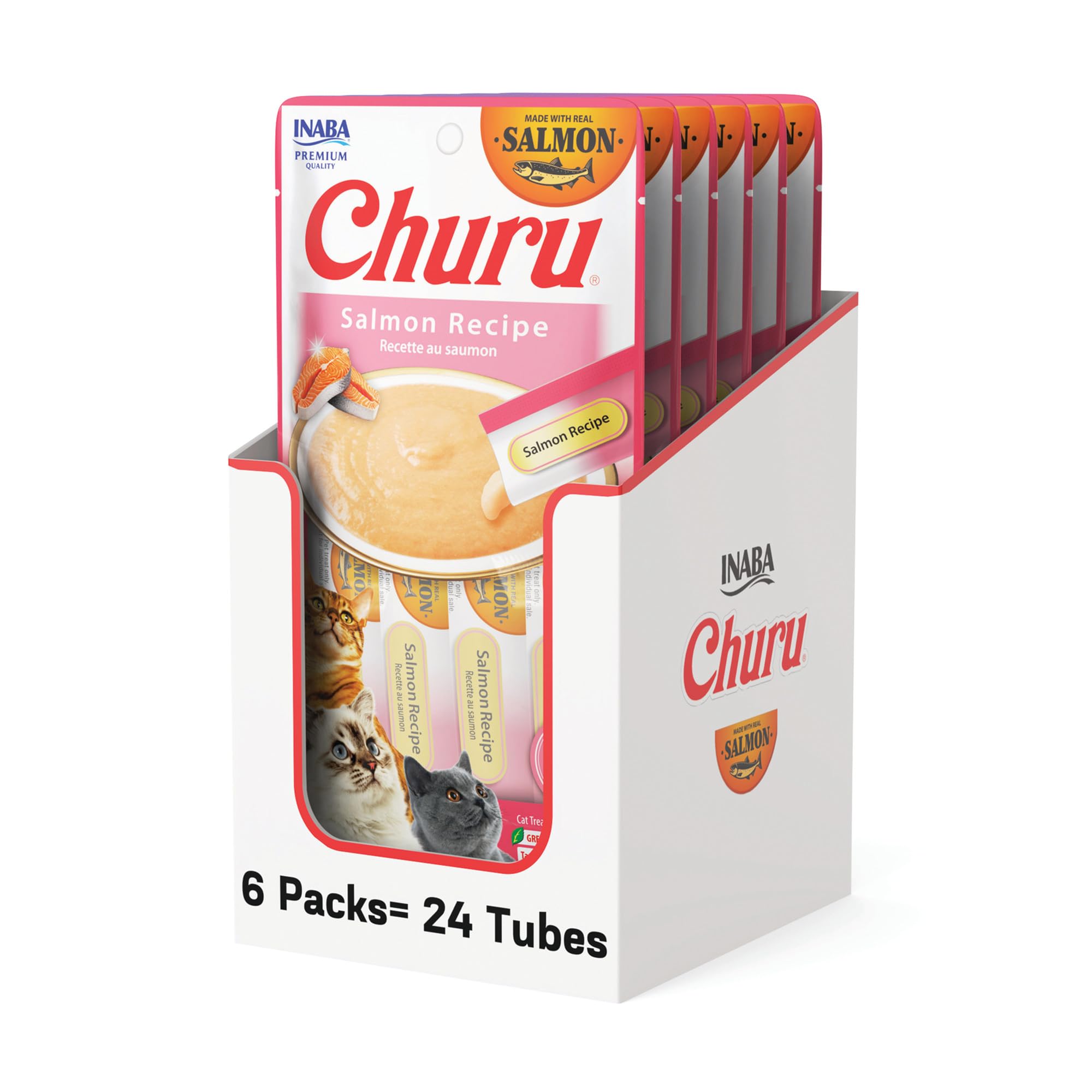 INABA Salmon Churu Cat Treats, Lickable, Squeezable Creamy Purée Cat Treat with Green Tea Extract &amp; Taurine, 0.5 Ounces Each Tube, 24 Tubes (4 per Pack), Salmon Recipe