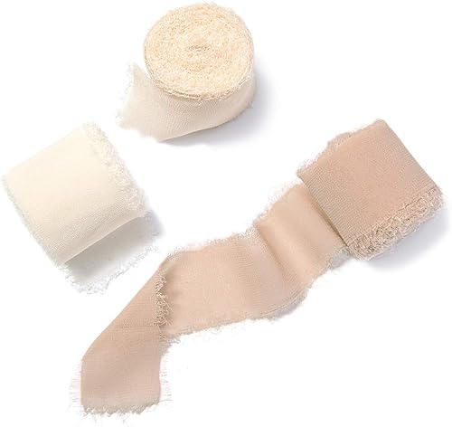 Miniatura 1 de Ling's moment Cinta de seda hecha a mano de 1.5 pulgadas de gasa color nude con bordes deshilachados, cinta de flecos beige para bodas,