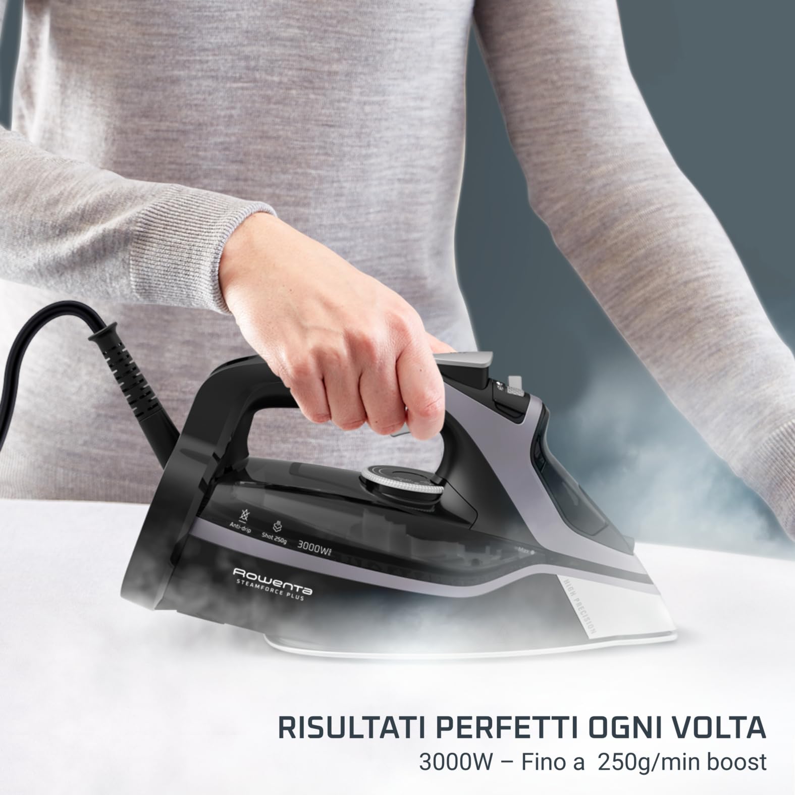 Rowenta SteamForce Ferro da Stiro a Vapore, 3000 W, Erogazione Continua di Vapore da 45 g/min, Getto Vapore da 250 g/min., Antigoccia, Spegnimento Automatico, Serbatoio 350 ml, DW9410
